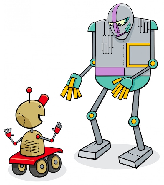 Cartoon illustration of talking robots