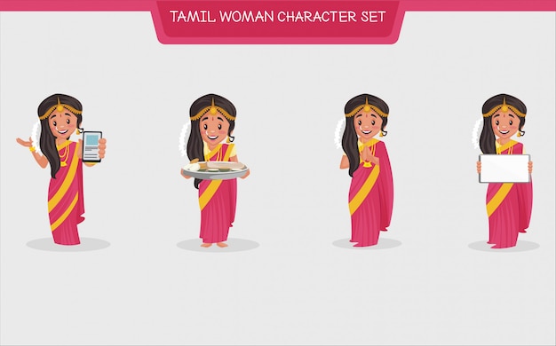 Cartoon illustration of tamil woman character set