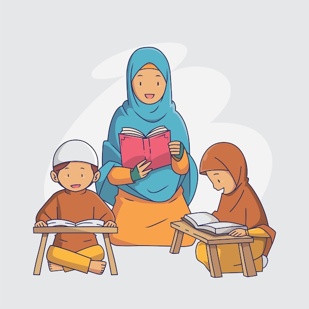 Cartoon illustration of a teacher reading the quran with students