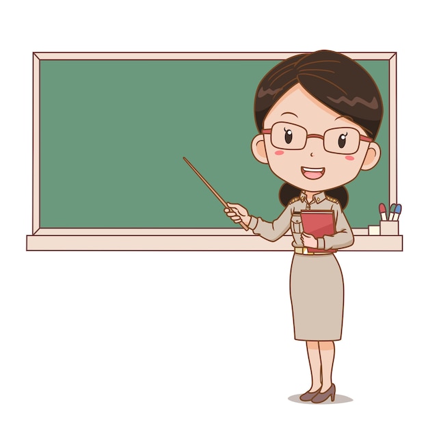 Vector cartoon illustration of thai female teacher holding a stick in front of blackboard.