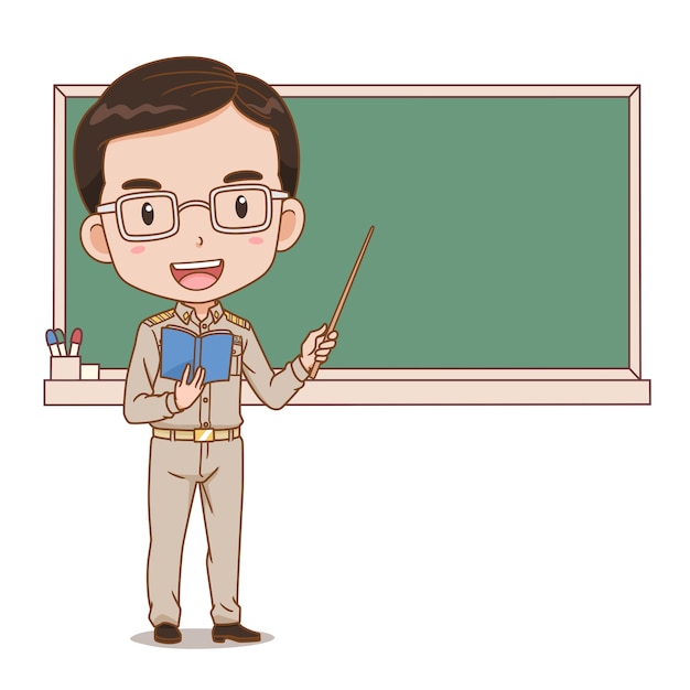 Vector cartoon illustration of thai male teacher holding a stick in front of blackboard.