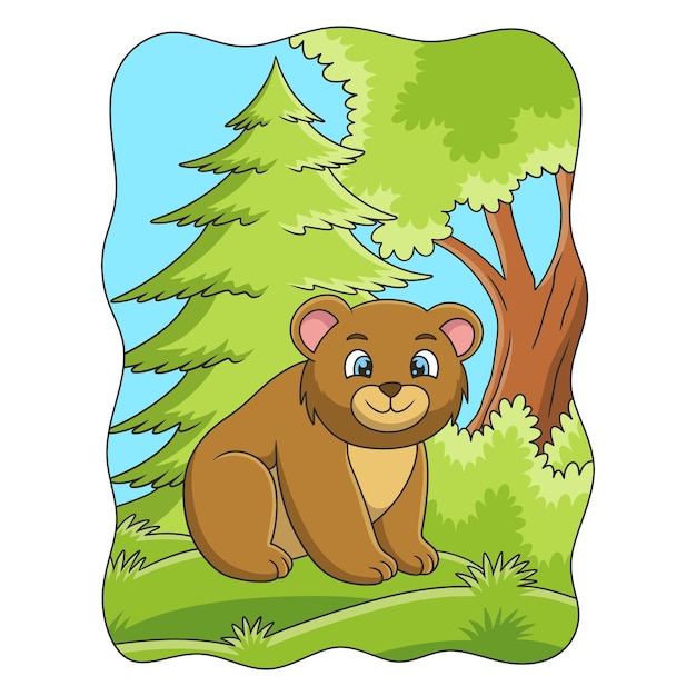 벡터 만화 그림 곰은 큰 나무 아래에서 아침 날씨를 즐기고 있는 숲 한가운데에 앉아 있다