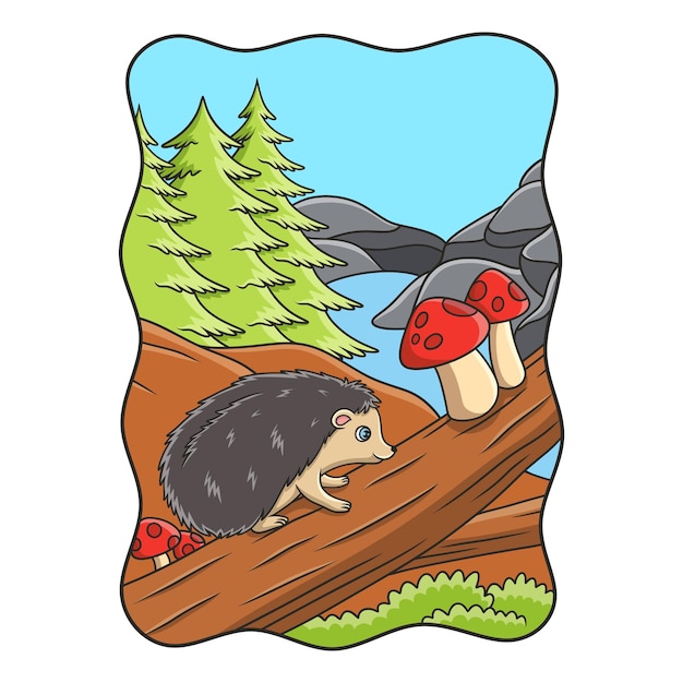 Иллюстрации шаржа ежик ходит по стволу большого упавшего дерева у реки