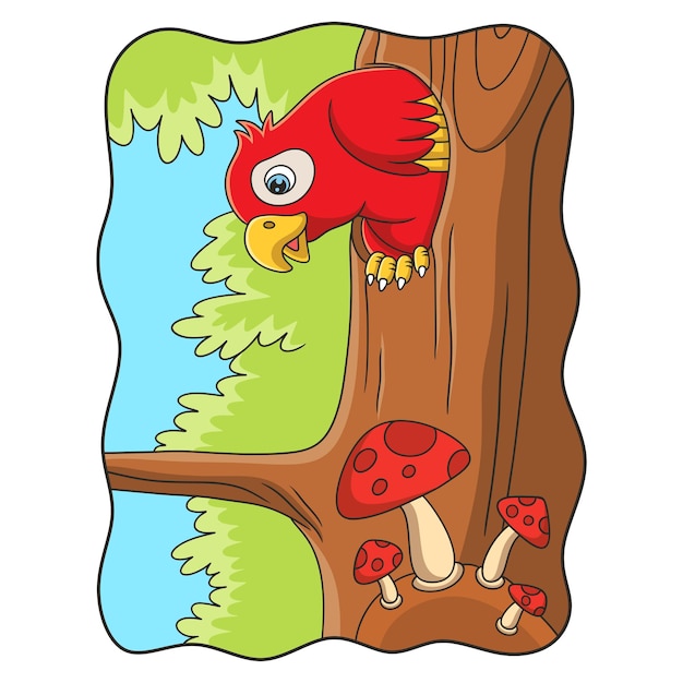 Вектор Мультфильм иллюстрирует попугая, который был в его доме, который был внутри ствола дерева, и выглянул, чтобы увидеть еду