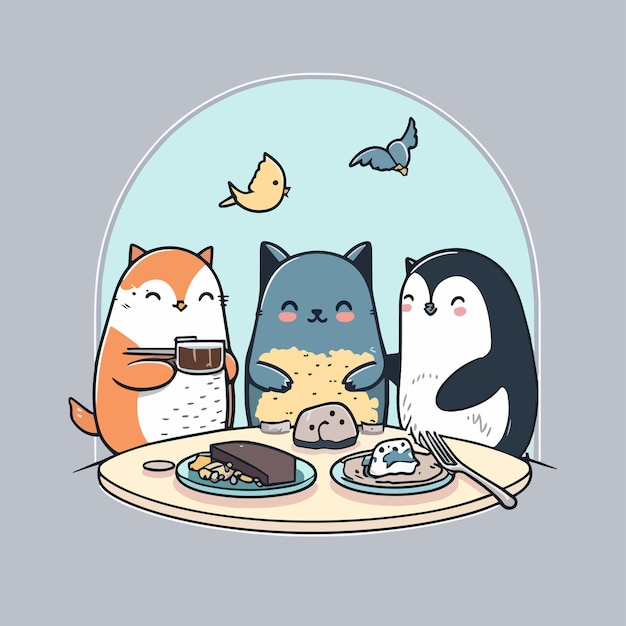 A cartoon illustration of three cats eating rice and a bird.