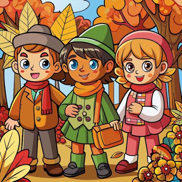 Vector a cartoon illustration of three children and a boy with a bag of grapes