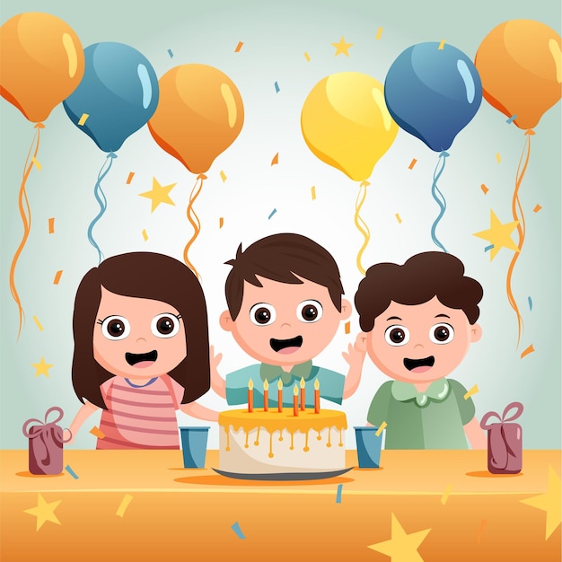 cartoon illustration of three children with a birthday cake and balloons