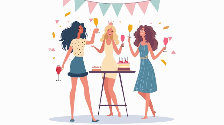 Vector a cartoon illustration of three women celebrating a birthday party