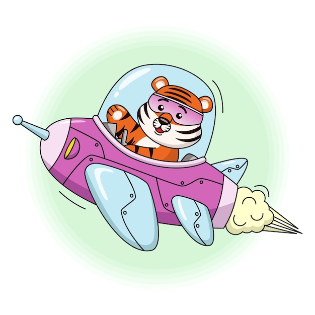 Cartoon illustration of a tiger flying on a rocket