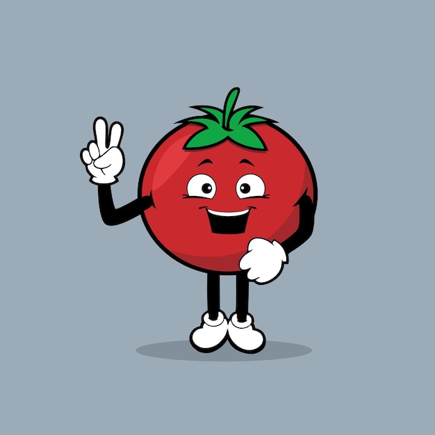 Cartoon illustration of a tomato with a hand showing two fingers.