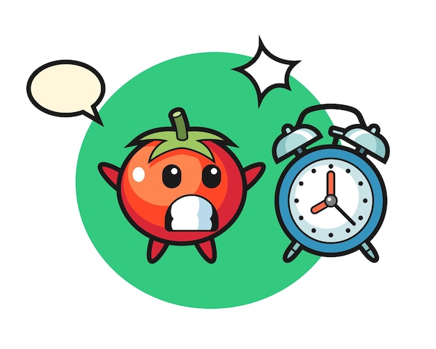 Vector cartoon illustration of tomatoes is surprised with a giant alarm clock