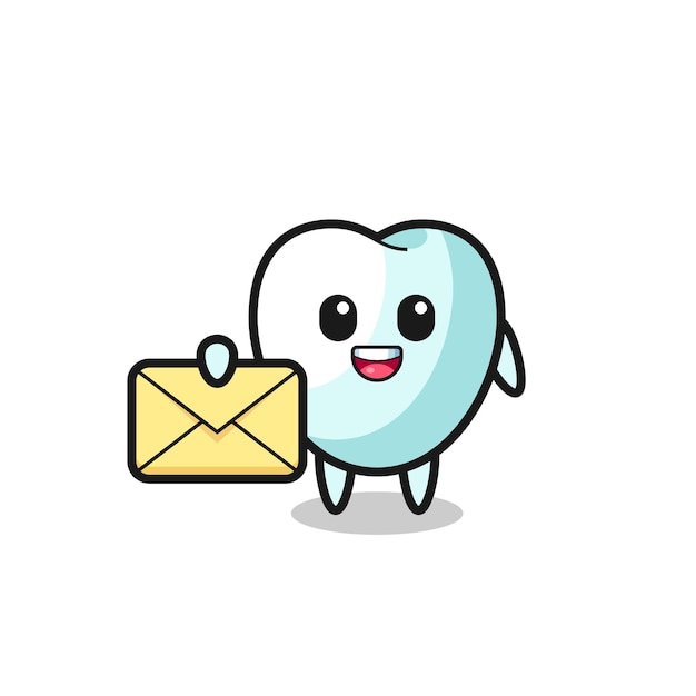 Cartoon illustration of tooth holding a yellow letter