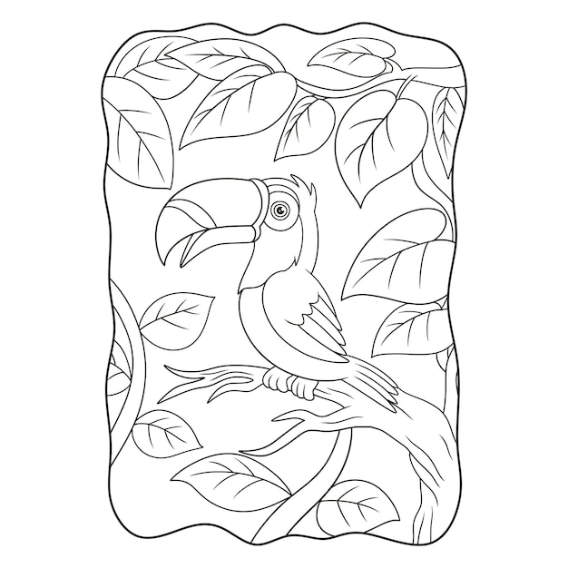 Cartoon illustration toucan bird perched on a tall tree trunk book or page for kids black and white