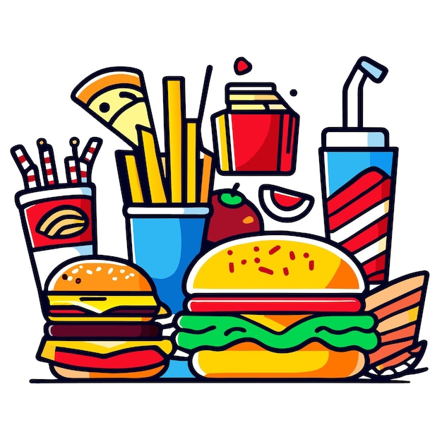 Vector cartoon illustration of a traditional set of fast food meal