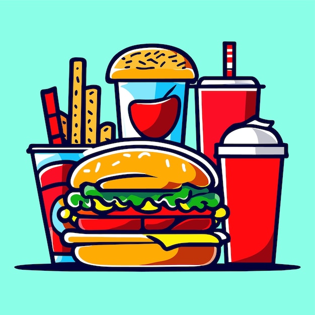 Cartoon illustration of a traditional set of fast food meal