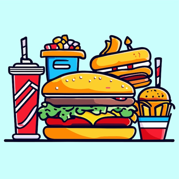 Cartoon illustration of a traditional set of fast food meal