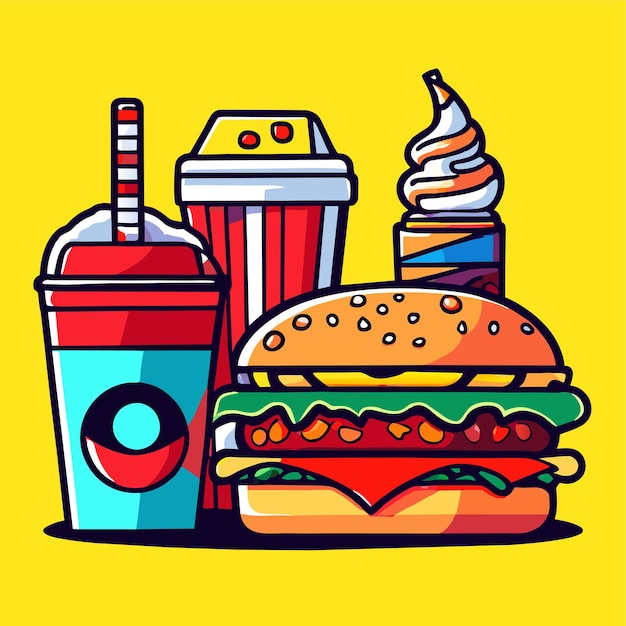 Cartoon illustration of a traditional set of fast food meal