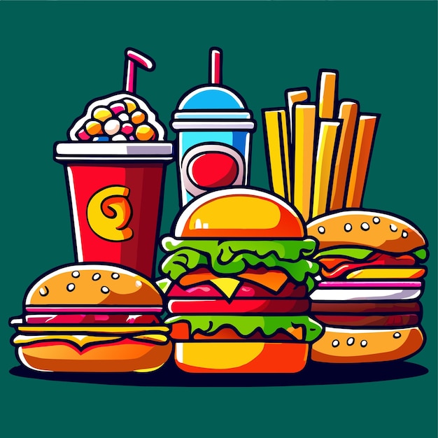 Vector cartoon illustration of a traditional set of fast food meal