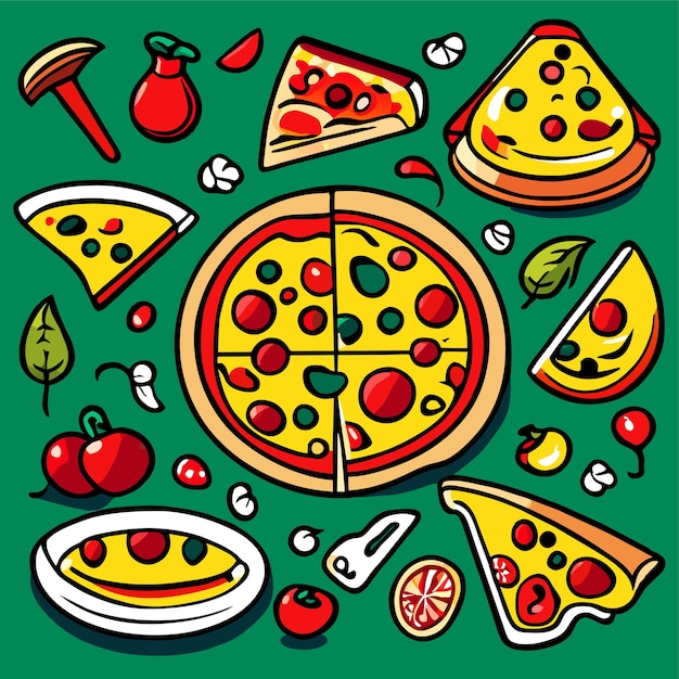 Vettore illustrazione di cartone animato di un set tradizionale di doodle di pizza