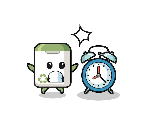 Vector cartoon illustration of trash can is surprised with a giant alarm clock