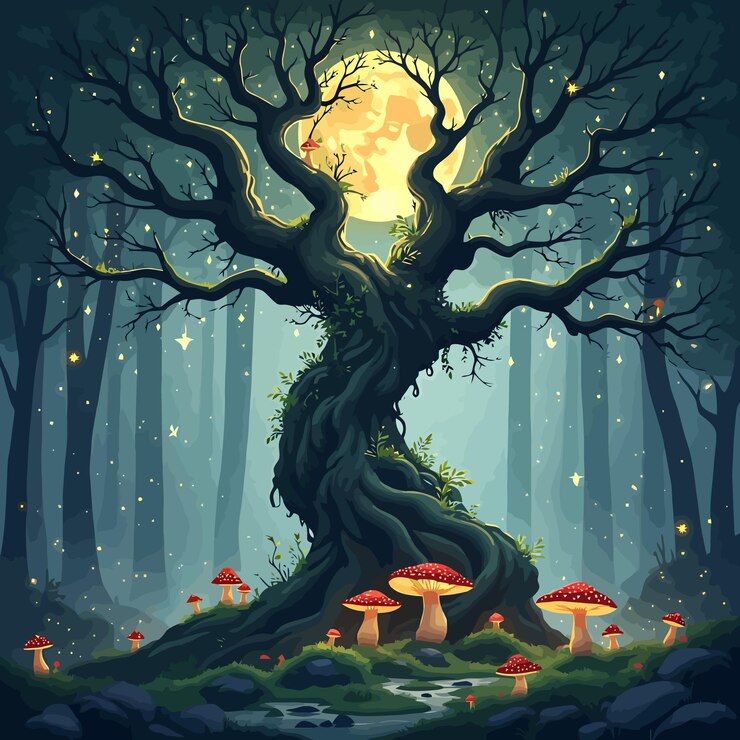 Vector a cartoon illustration of a tree with mushrooms and a full moon