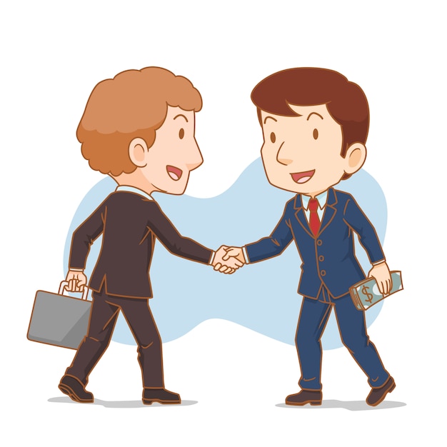 Cartoon illustration of two businessman shaking hands. business partners.