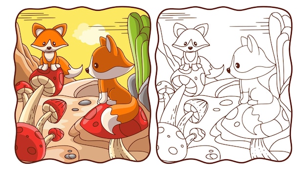 Cartoon illustration two foxes sitting on a mushroom coloring book or page for kids