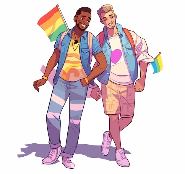 Vector a cartoon illustration of two gay men in lgbt pride parade ai generated lgbt rights flag concept