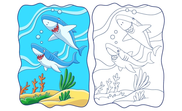 Illustrazione del fumetto due squali stanno cacciando la loro preda nel libro del mare o nella pagina per i bambini