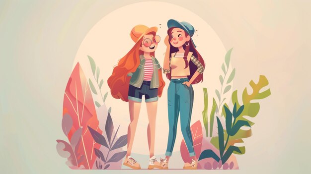 Vector a cartoon illustration of two women posing for a photo