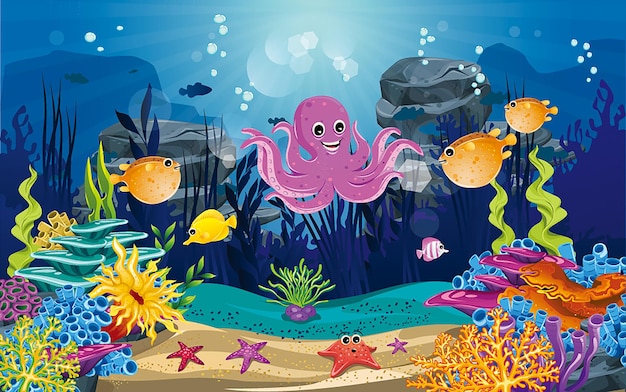 Cartoon illustration of the underwater world seahorses octopuses dolphins sharks seaweed