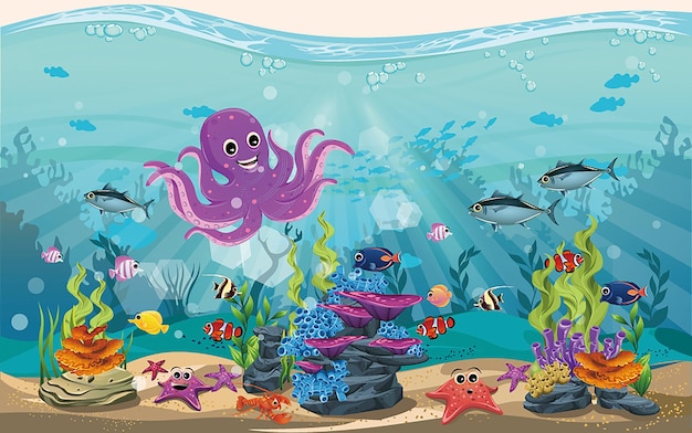 Cartoon illustration of the underwater world seahorses octopuses dolphins sharks seaweed