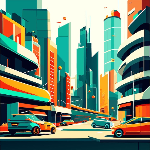 Vector cartoon illustration of an urban landscape with large modern buildings and cars