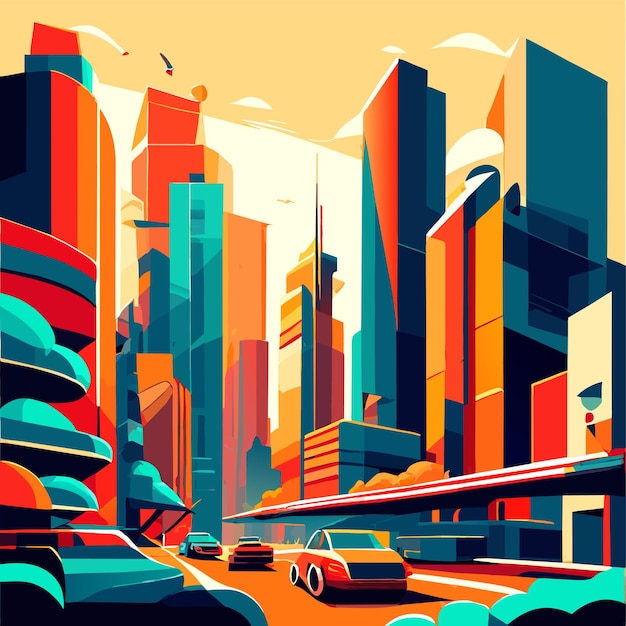 Vector cartoon illustration of an urban landscape with large modern buildings and cars