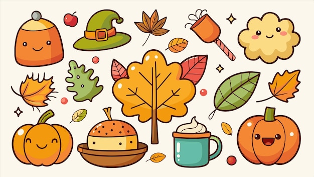 Vector a cartoon illustration of a variety of different things including a hat a leaf a mug and a leaf