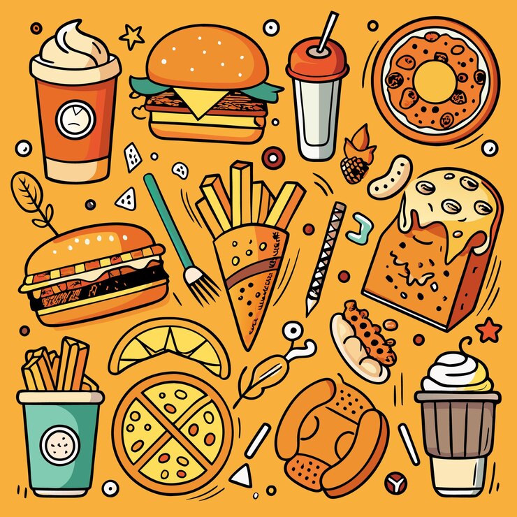 Vector cartoon illustration of various food items on an orange background
