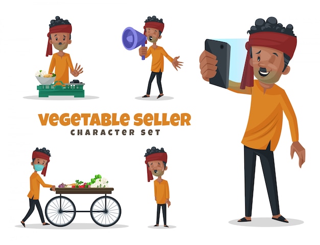 Cartoon illustration of vegetable seller character set