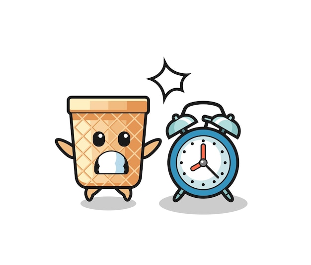 Cartoon Illustration of waffle cone is surprised with a giant alarm clock , cute design