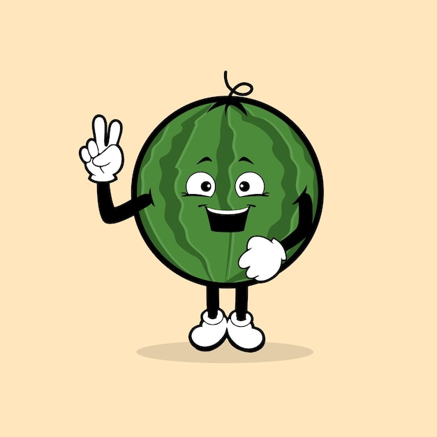 Cartoon illustration of a watermelon with hand showing a sign that says watermelon.