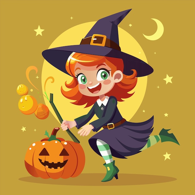 a cartoon illustration of a witch with a pumpkin and a witch hat