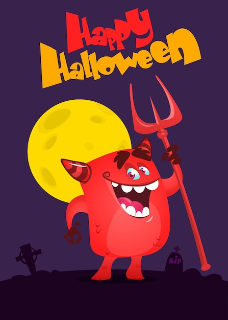 Vector cartoon illustration with devil holding pitchfork halloween design