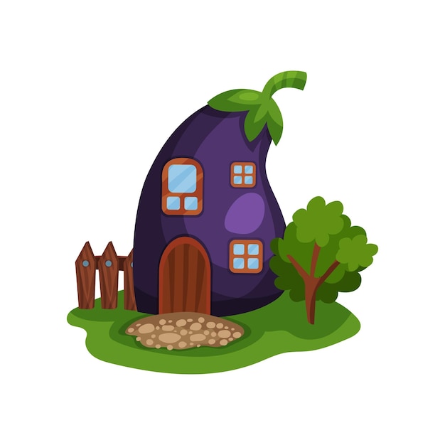 Cartoon illustration with fairy house in form of ripe purple eggplant little wooden fence and tree on green meadow Flat vector for children story book or mobile game