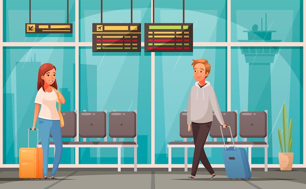 Vector cartoon illustration with passengers with suitcases in airport waiting hall