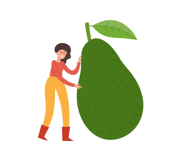 Иллюстрации шаржа с крошечной женщиной, держащей авокадо, изолированной на белом.