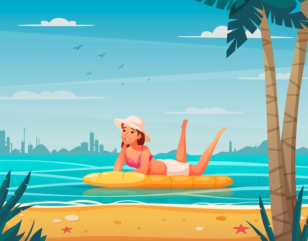 cartoon illustration with woman relaxing on air bed  Summer holidays or vacation