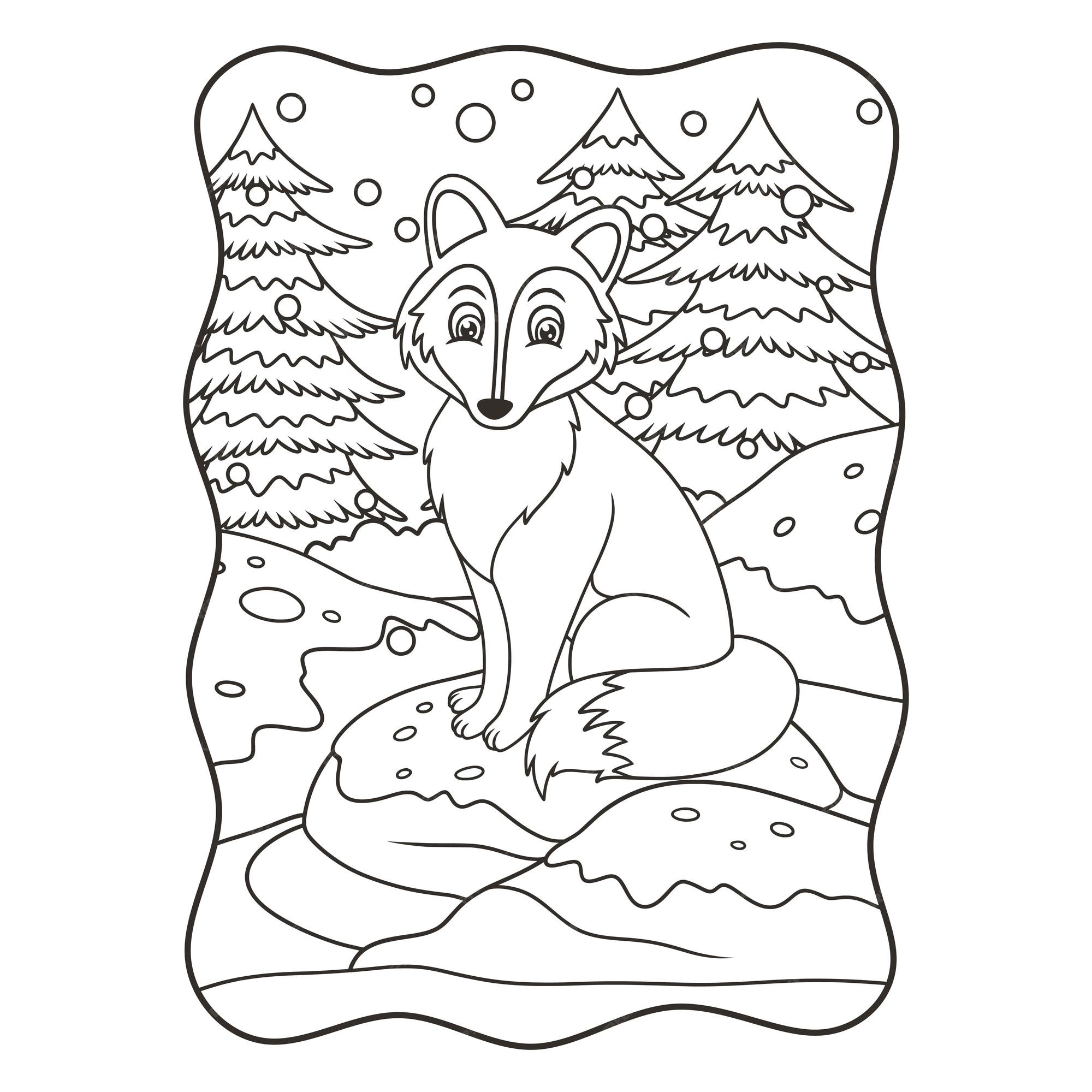 Premium Vector | Cartoon illustration the wolf is sitting on a big rock covered in snow in winter book or page for kids black and white Premium Vector | Cartoon illustration the wolf is sitting on a big rock covered in snow in winter book or page for kids black and white