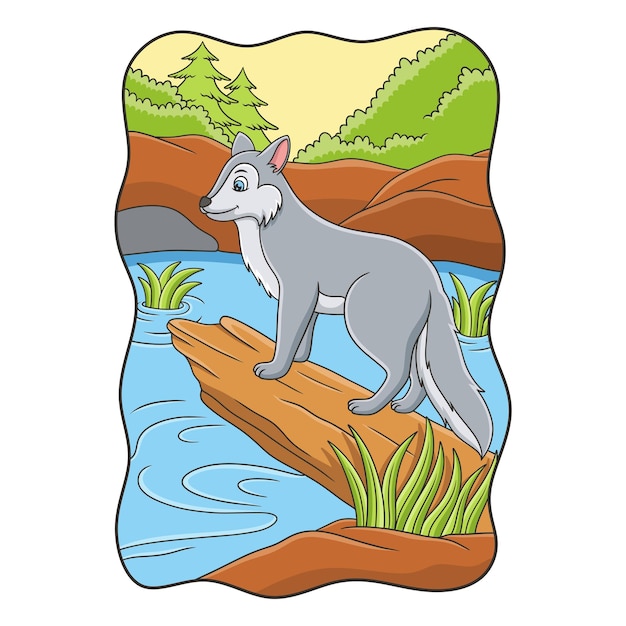 만화 삽화 늑대는 반대 방향을 바라보는 강 옆 쓰러진 나무 줄기에 차갑게 서 있다