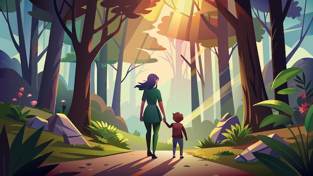 a cartoon illustration of a woman and a boy walking in a forest