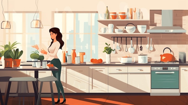 Vector a cartoon illustration of a woman cooking in a kitchen