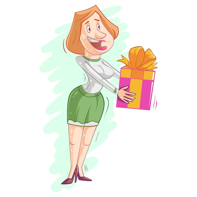 Cartoon illustration of a woman giving gift box